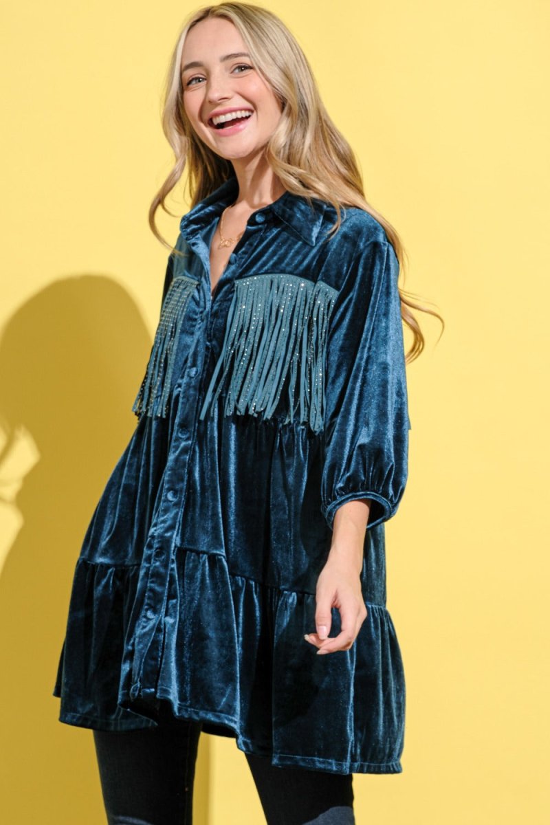 And The Why Fringe Detailed Velvet Shirt Dress | Tops | 3