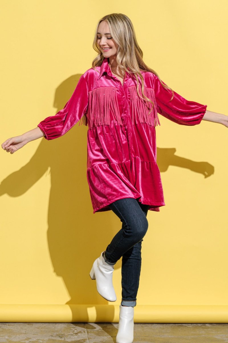 And The Why Fringe Detailed Velvet Shirt Dress | Tops | 5