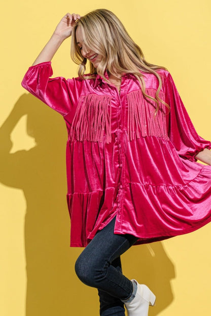 And The Why Fringe Detailed Velvet Shirt Dress | Tops | 3