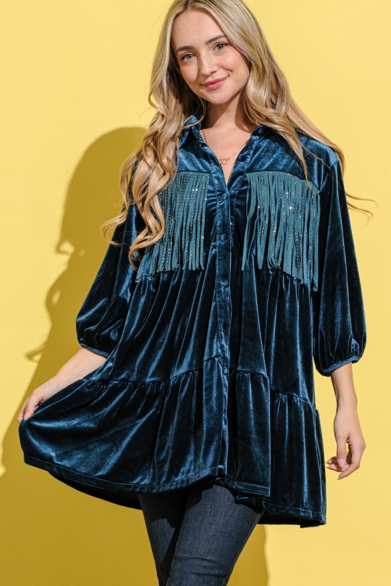 And The Why Fringe Detailed Velvet Shirt Dress | Tops | 1