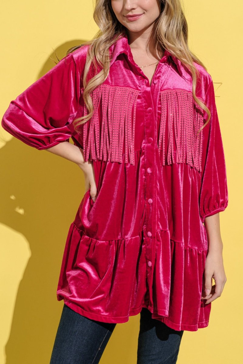 And The Why Fringe Detailed Velvet Shirt Dress | Tops | 4