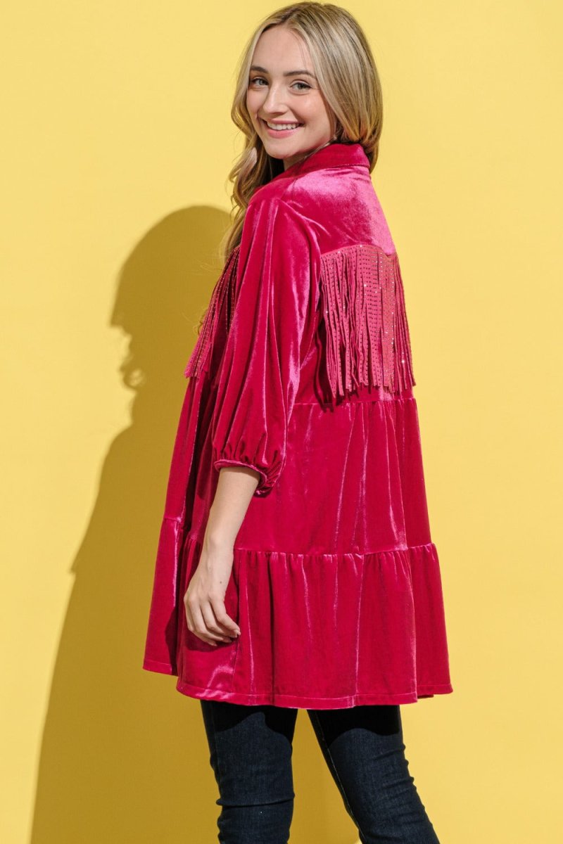 And The Why Fringe Detailed Velvet Shirt Dress | Tops | 2