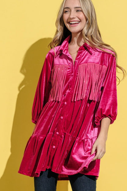 And The Why Fringe Detailed Velvet Shirt Dress | Tops | 1