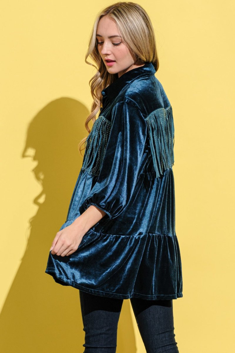 And The Why Fringe Detailed Velvet Shirt Dress | Tops | 2