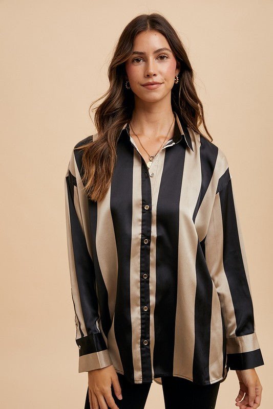 Annie Wear Striped Dropped Shoulder Button Up Shirt | Tops | 4