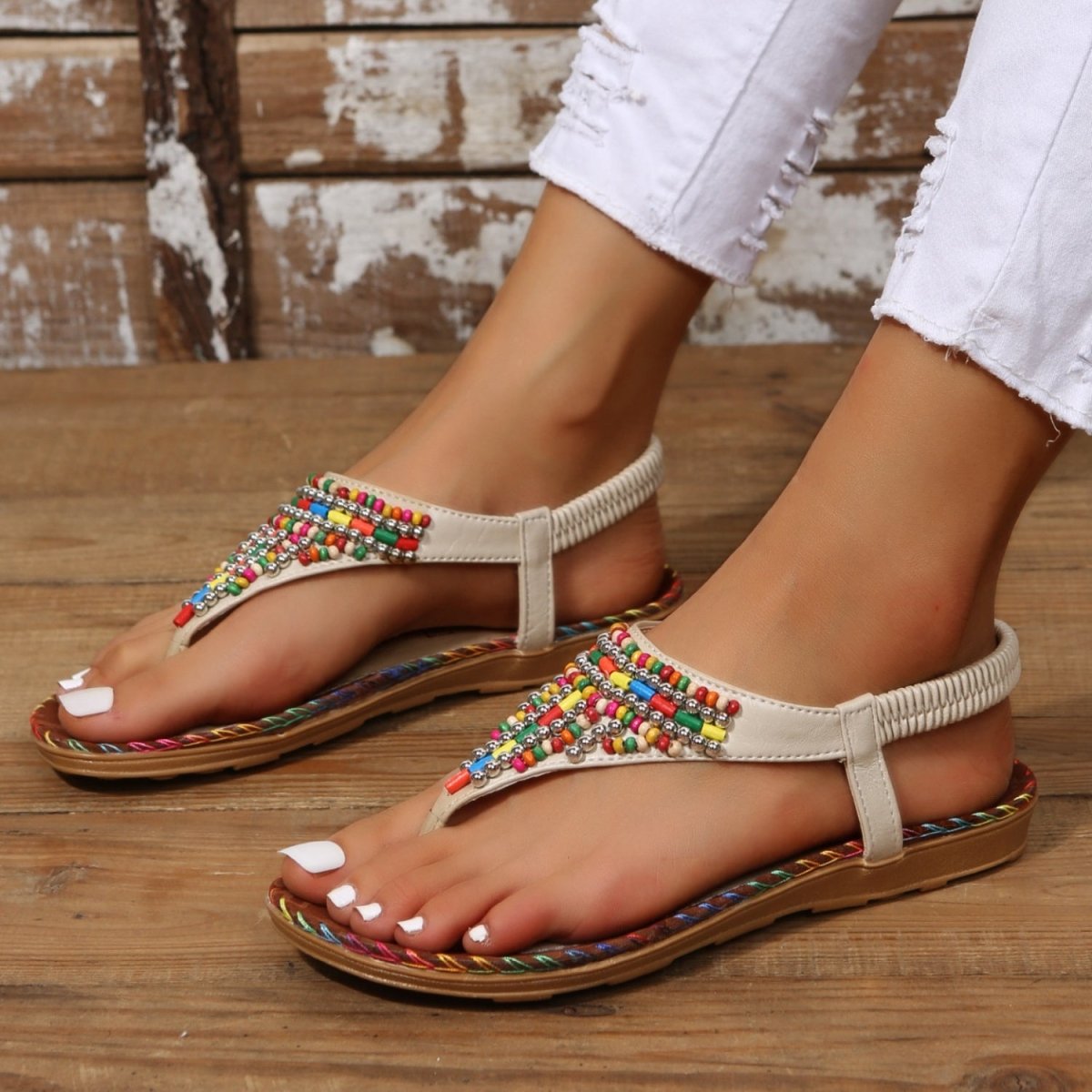 Beaded PU Leather Open Toe Sandals | Sandals | 6