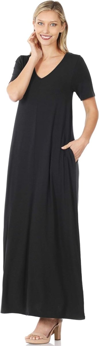 Black V - Neck Short Sleeve Maxi Dress with Side Pockets | Maxi Dresses | 2