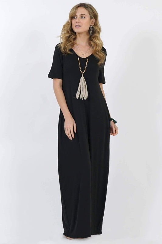 Black V - Neck Short Sleeve Maxi Dress with Side Pockets | Maxi Dresses | 1