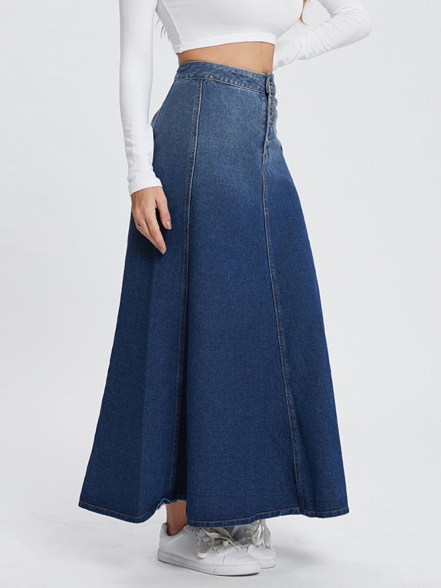 Button - Fly Hight Rise Denim Skirt | Maxi Skirts | 3