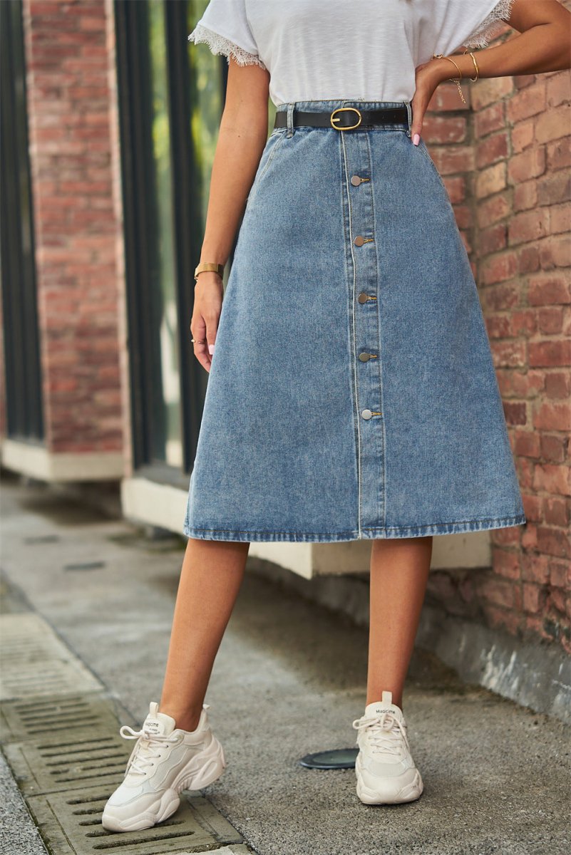 Button Front A - Line Denim Skirt | Midi Skirts | 1