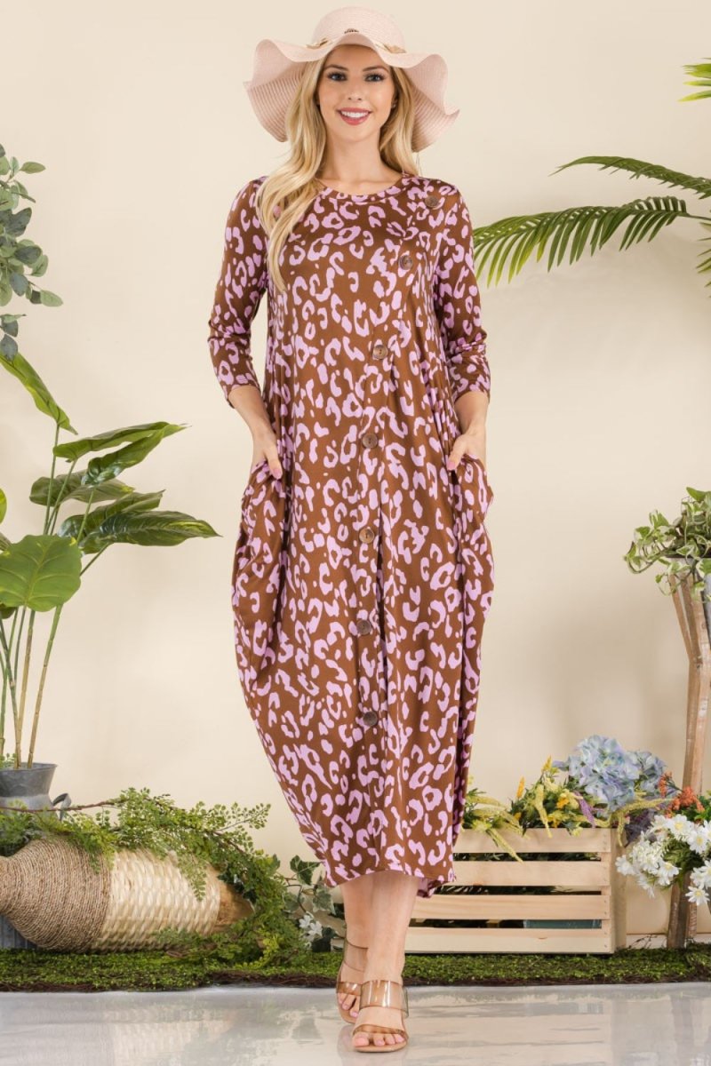 Celeste Full Size Leopard Contrast Dress with Pockets | Maxi Dresses | 1