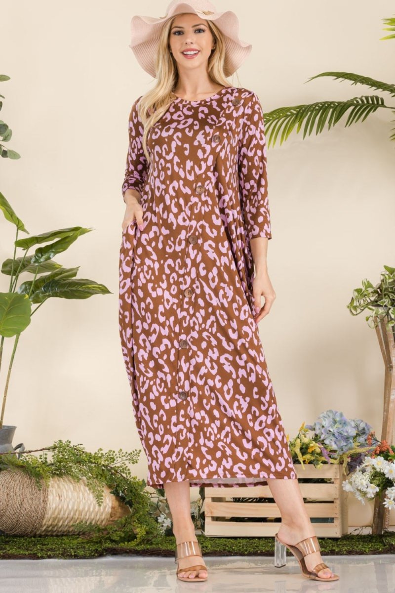 Celeste Full Size Leopard Contrast Dress with Pockets | Maxi Dresses | 4