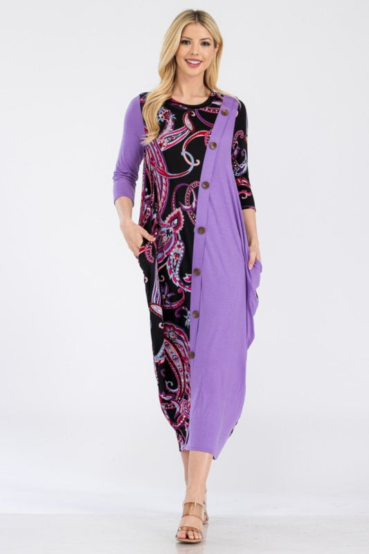 Celeste Full Size Paisley Contrast Midi Dress with Pockets | Maxi Dresses | 1