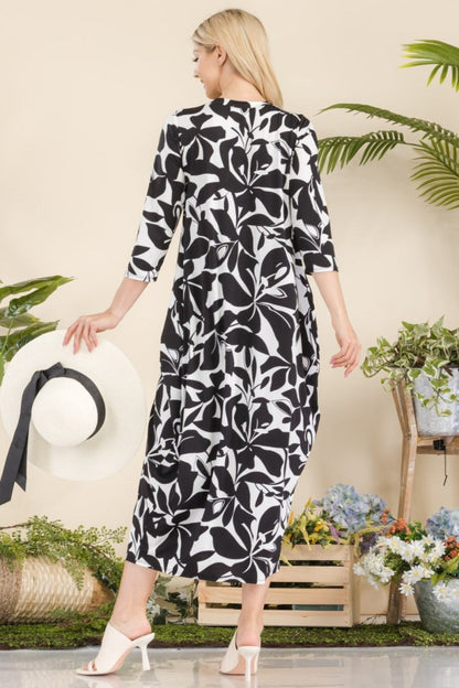 Celeste Full Size Printed Contrast Dress with Pockets | Midi Dresses | 2