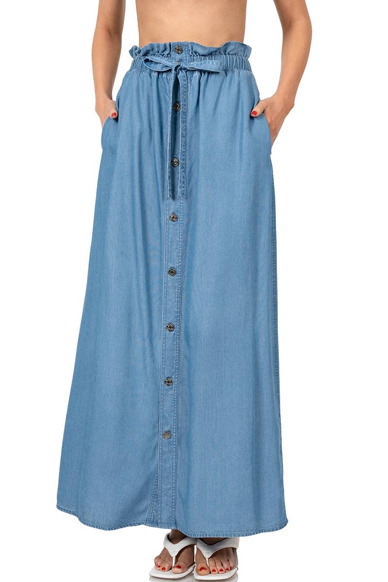 Chambray Paperbag Waist Button Front Maxi Skirt | Maxi Skirts | 2