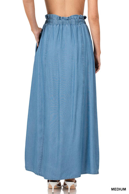 Chambray Paperbag Waist Button Front Maxi Skirt | Maxi Skirts | 3