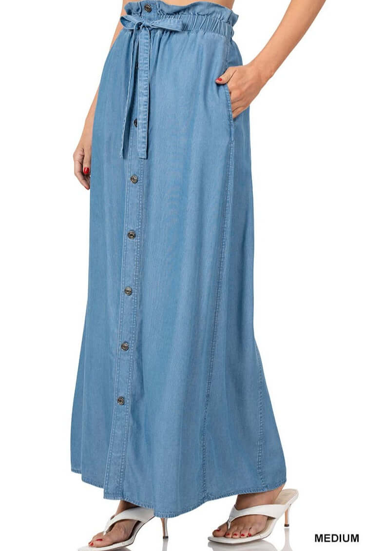 Chambray Paperbag Waist Button Front Maxi Skirt | Maxi Skirts | 1