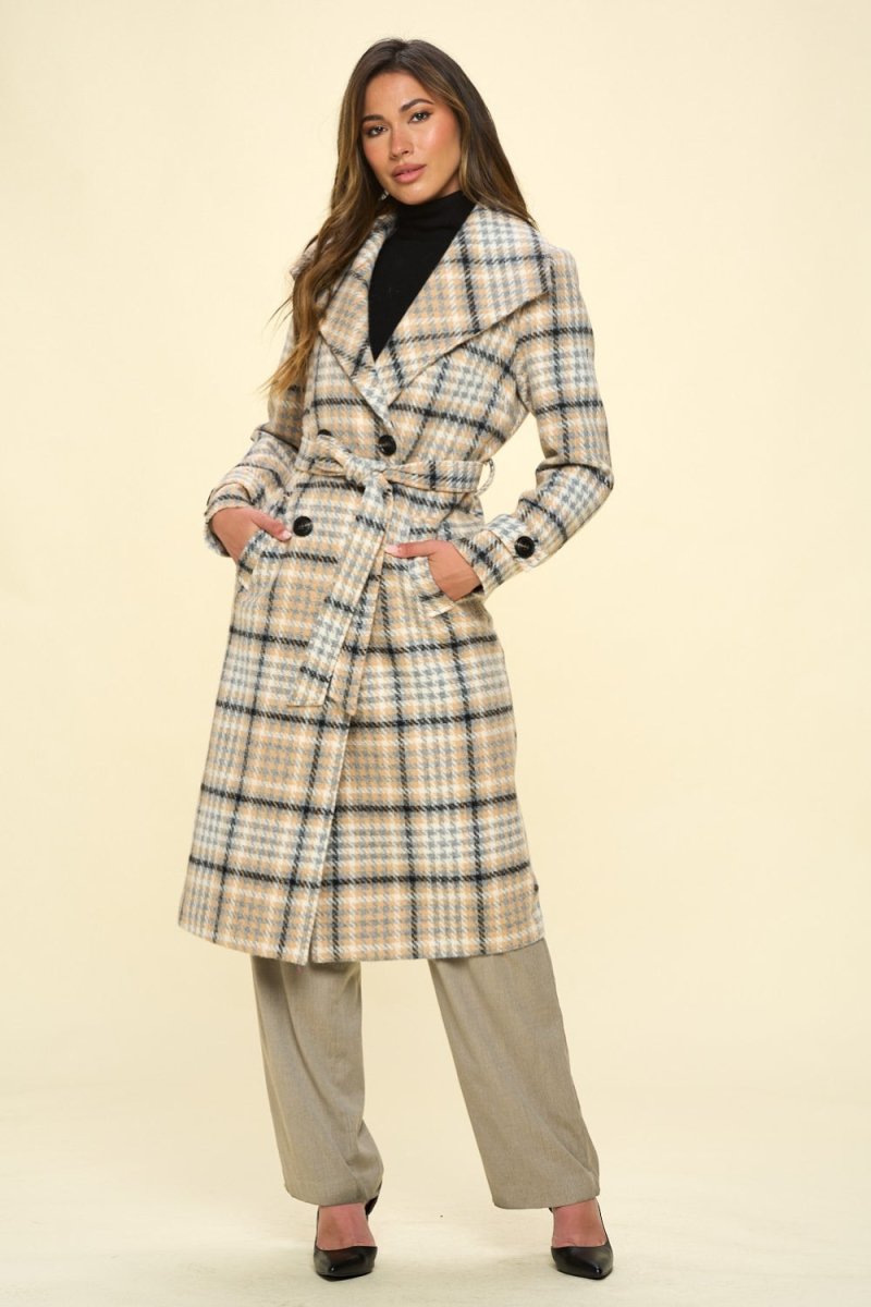 Coalition LA Double - Breasted Plaid Coat with Belt | Coats | 3