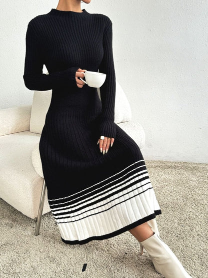 Contrast Mock Neck Long Sleeve Sweater Dress | Midi Dresses | 3