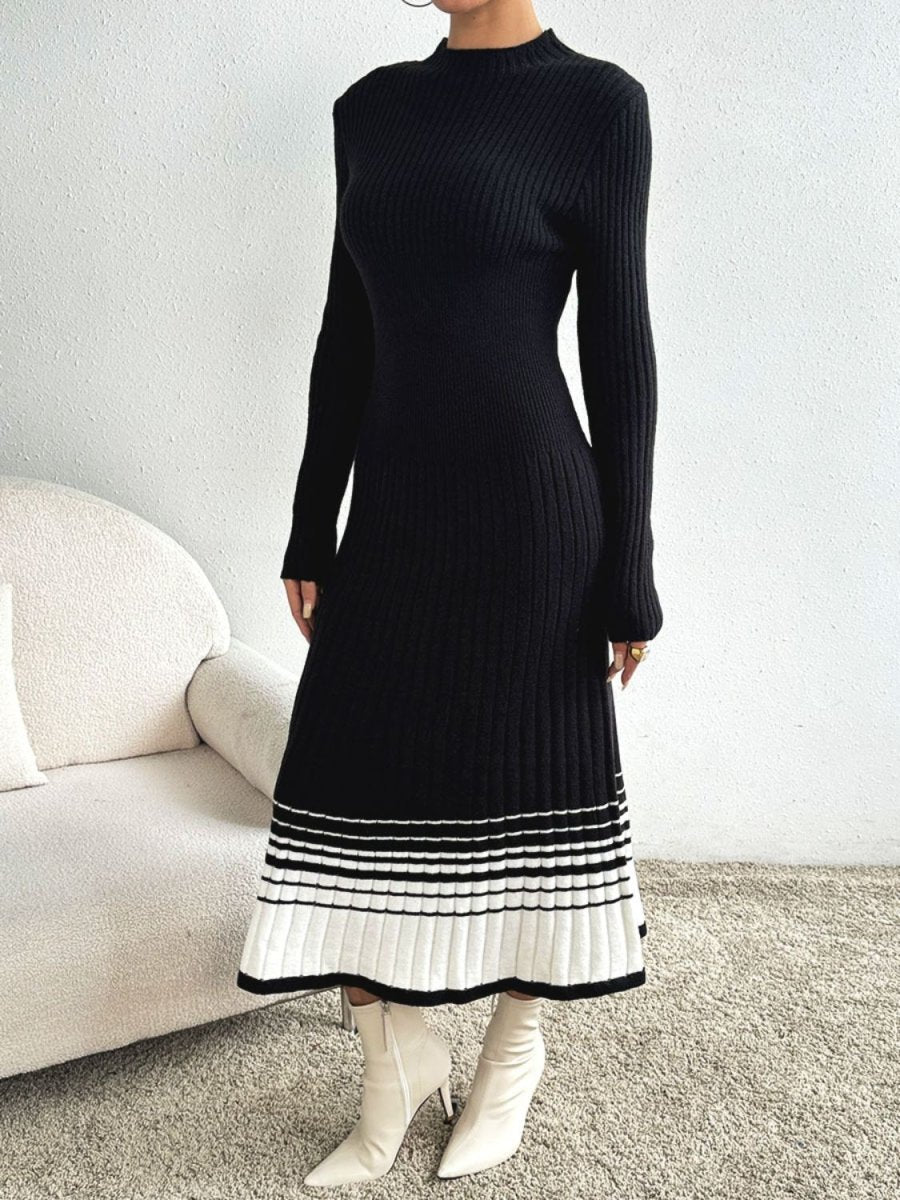 Contrast Mock Neck Long Sleeve Sweater Dress | Midi Dresses | 5