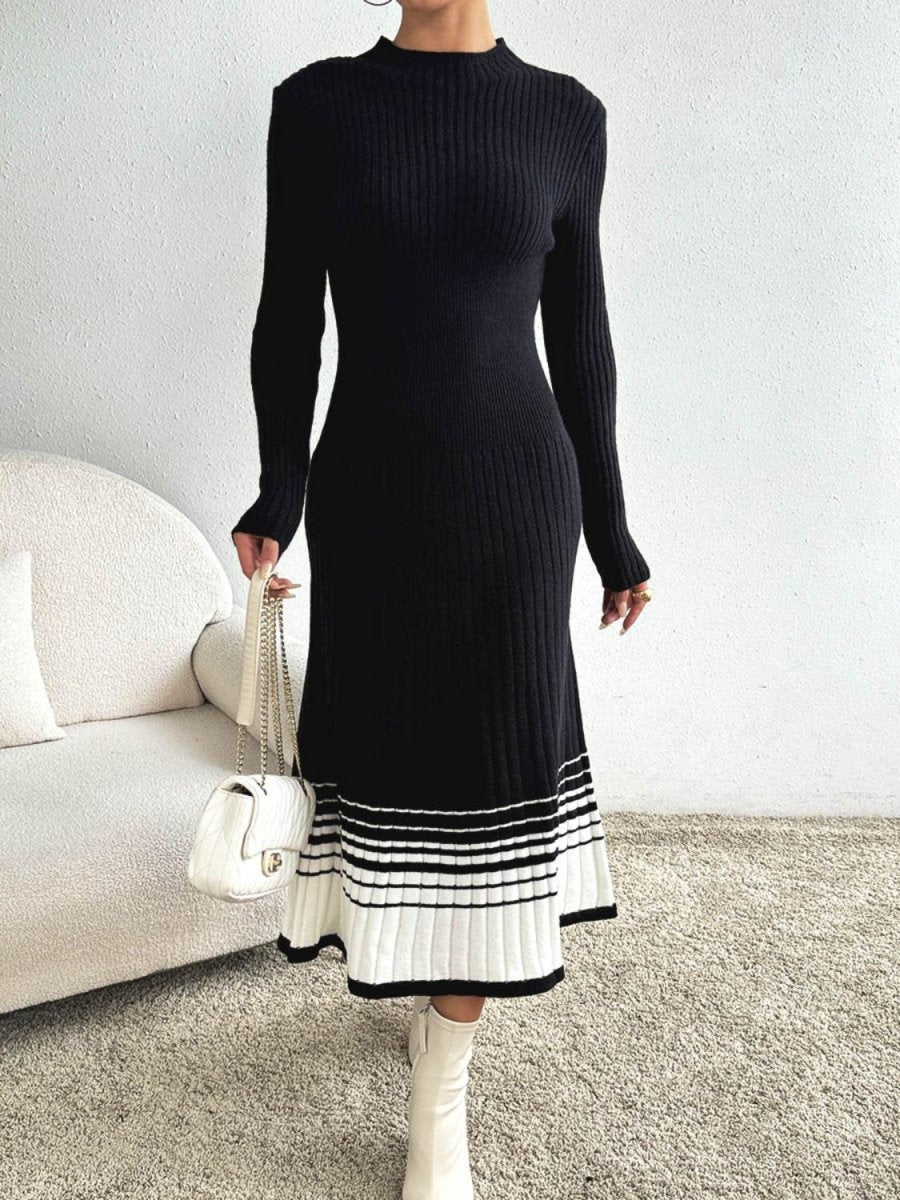 Contrast Mock Neck Long Sleeve Sweater Dress | Midi Dresses | 1