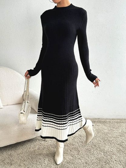 Contrast Mock Neck Long Sleeve Sweater Dress | Midi Dresses | 6