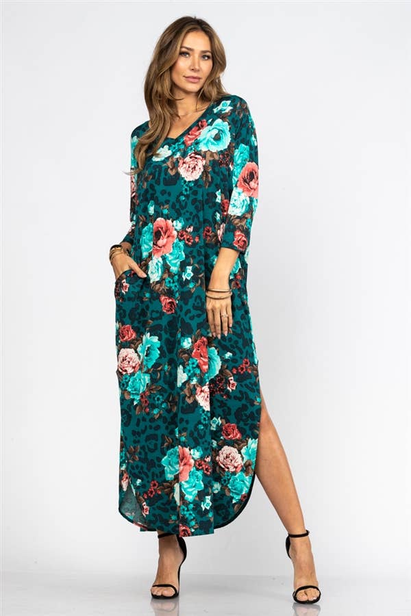 Dark Teal Animal And Elegant Floral Print Maxi Dress | Maxi Dresses | 1