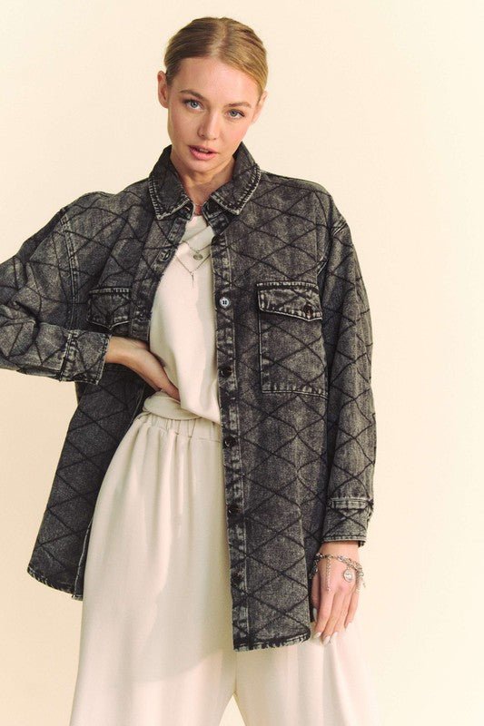 Davi & Dani Curved Hem Diamond Quilted Button Up Denim Shacket | Shackets | 4