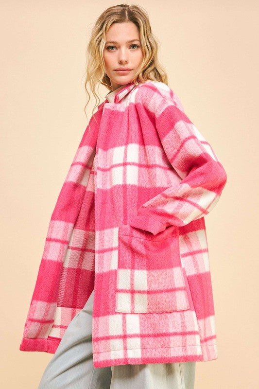 Davi & Dani Plaid Open Front Drop Shoulder Longline Coat | Coats | 6