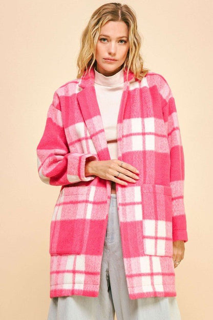 Davi & Dani Plaid Open Front Drop Shoulder Longline Coat | Coats | 1