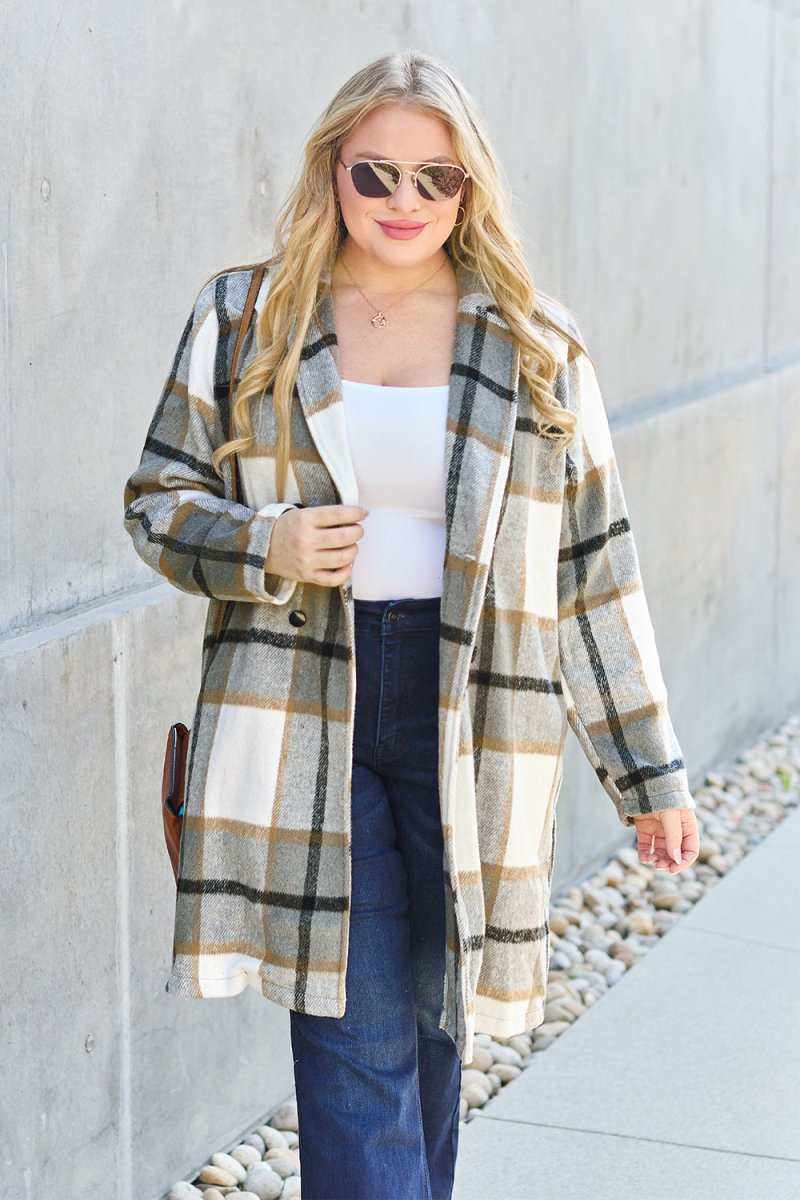 Double Take Full Size Plaid Button Up Lapel Collar Coat | Coats | 26