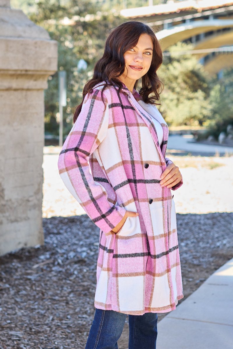 Double Take Full Size Plaid Button Up Lapel Collar Coat | Coats | 2