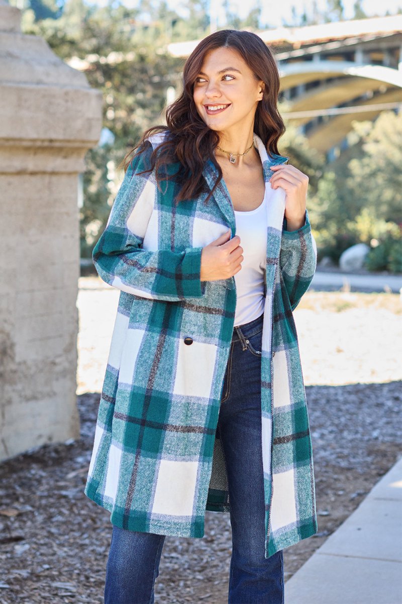 Double Take Full Size Plaid Button Up Lapel Collar Coat | Coats | 8