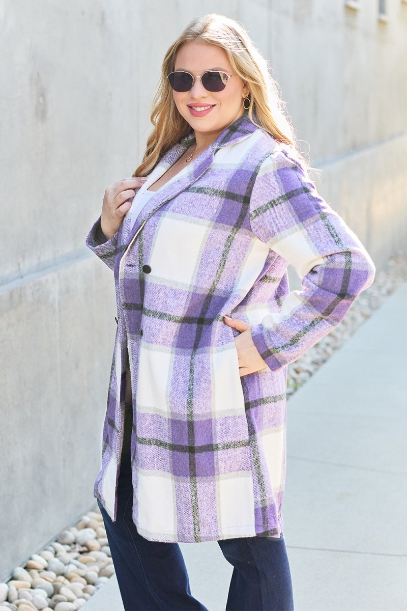 Double Take Full Size Plaid Button Up Lapel Collar Coat | Coats | 32