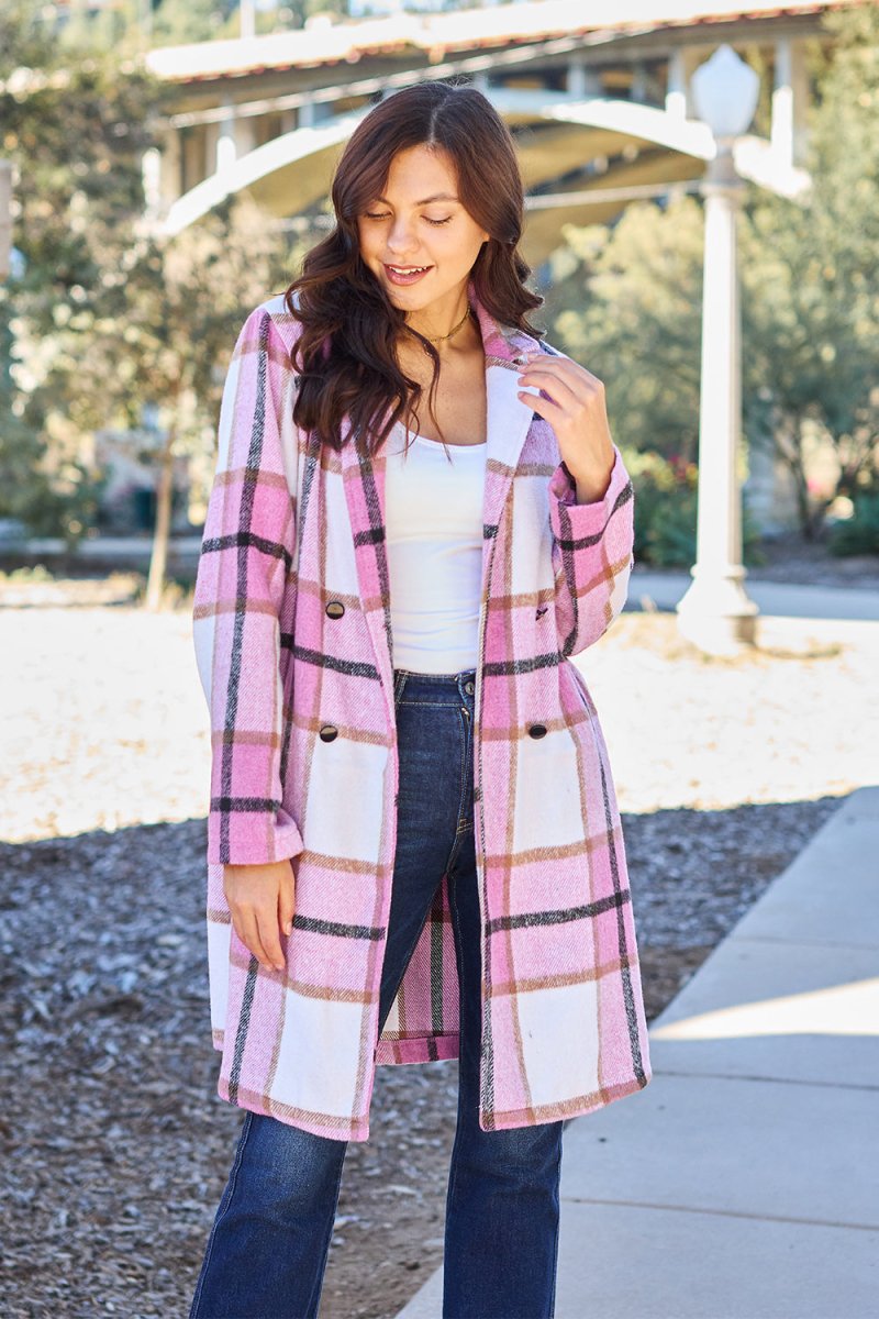 Double Take Full Size Plaid Button Up Lapel Collar Coat | Coats | 1