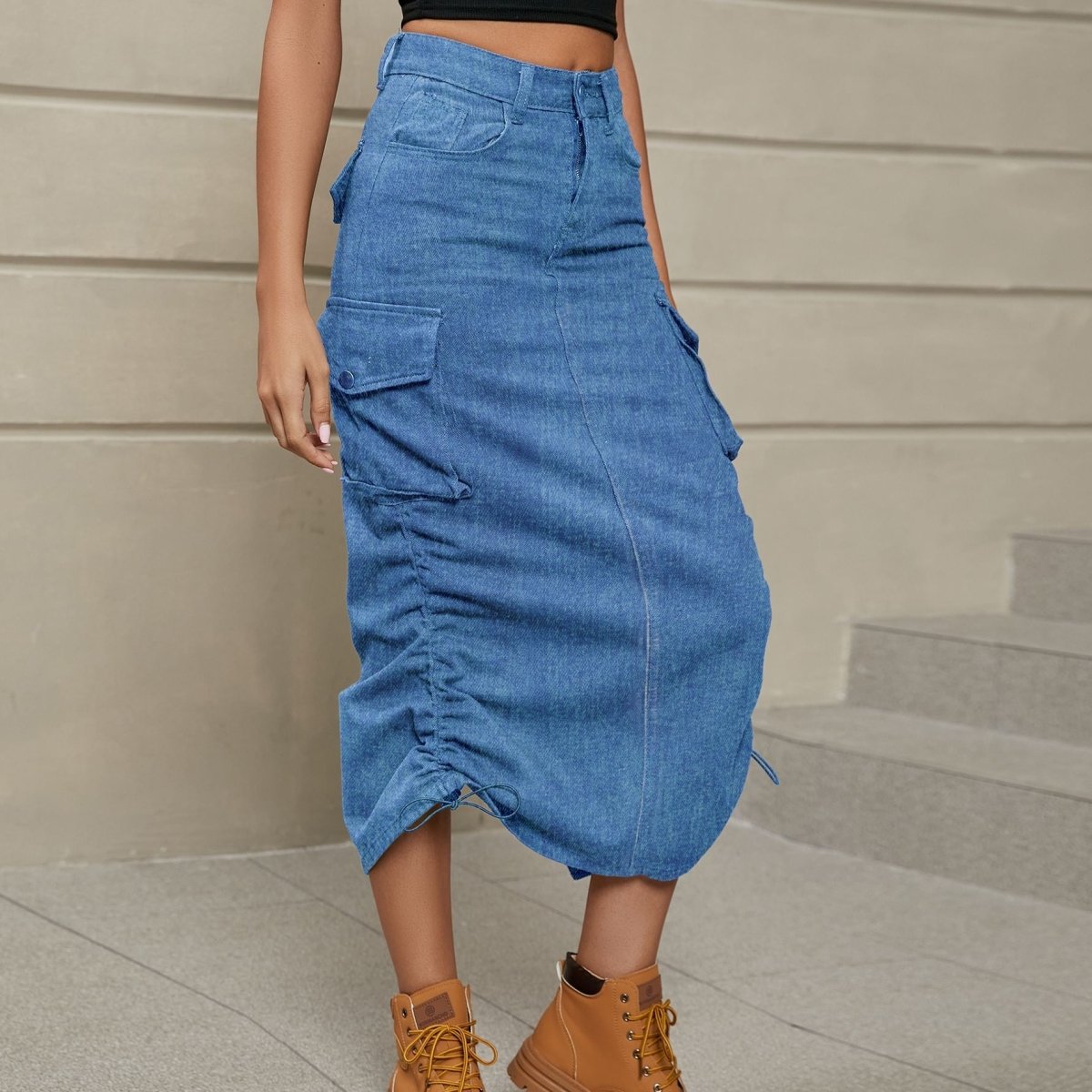 Drawstring Ruched Slit Denim Midi Skirt | | 1