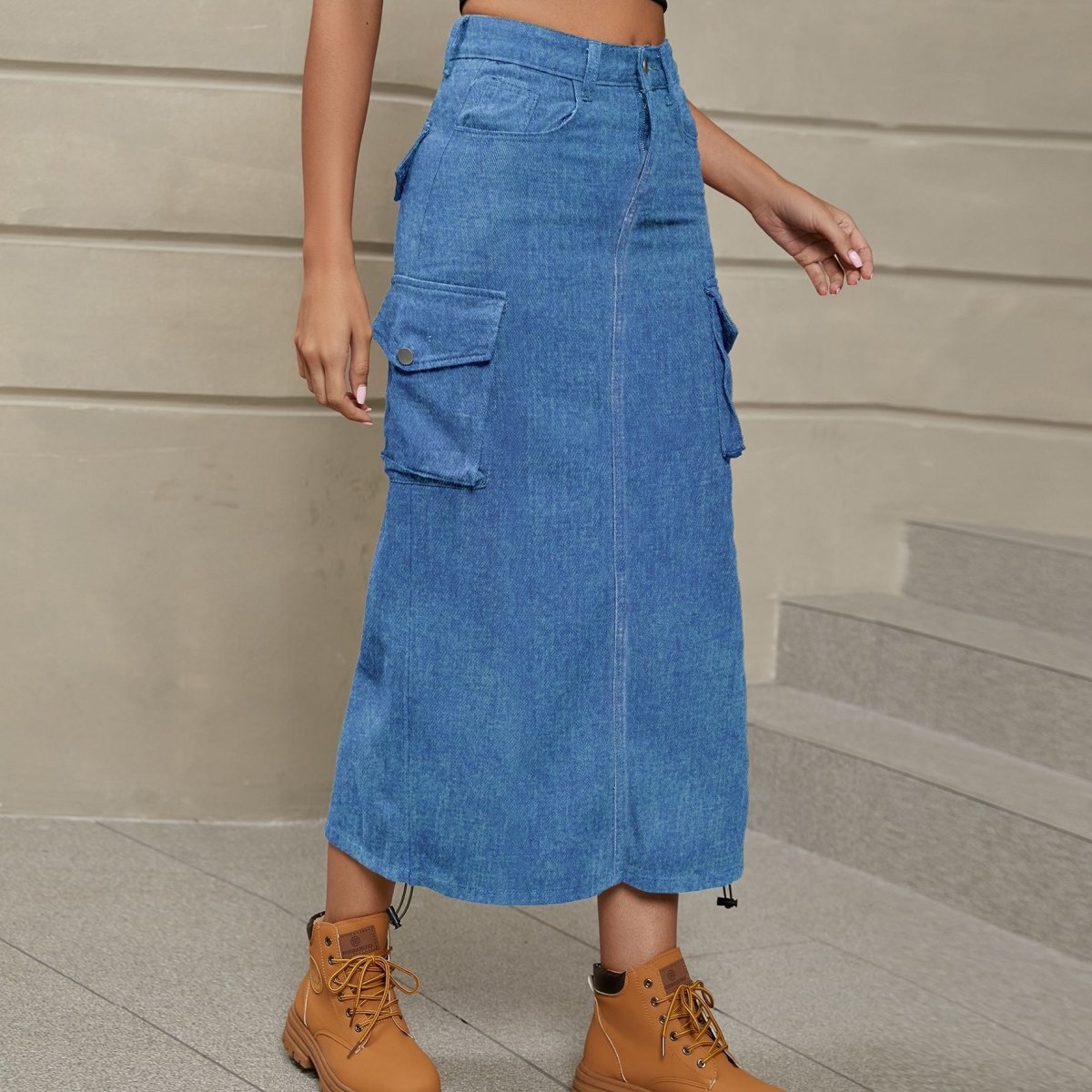 Drawstring Ruched Slit Denim Midi Skirt | | 2