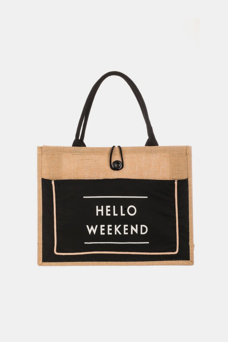 Fame Hello Weekend Burlap Tote Bag | | 2