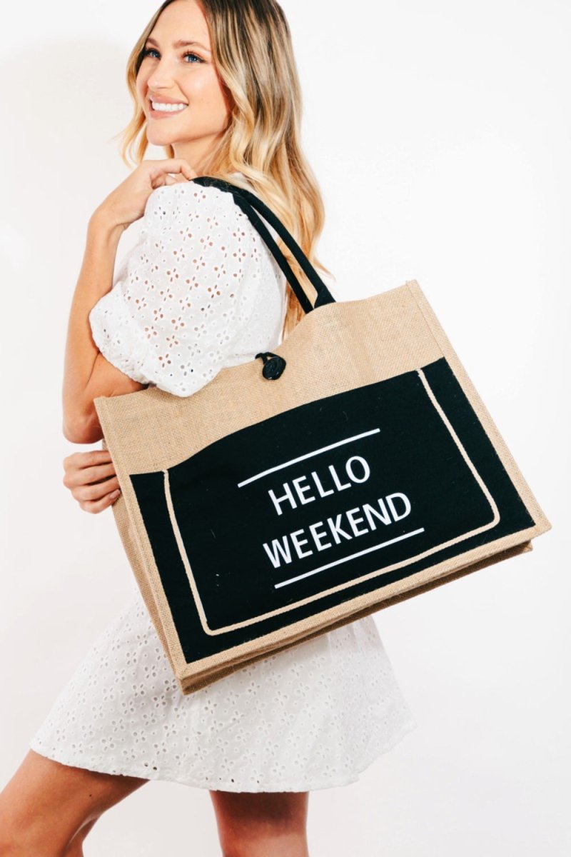 Fame Hello Weekend Burlap Tote Bag | | 1