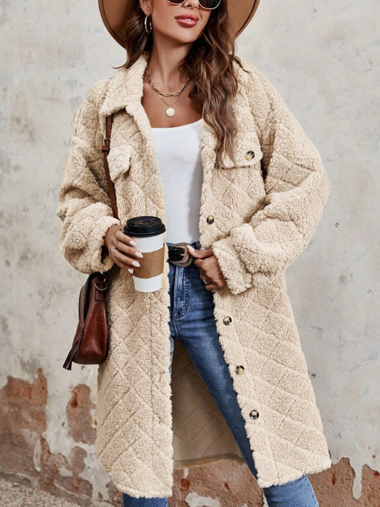 Fuzzy Button Up Dropped Shoulder Long Sleeve Coat | Coats | 1