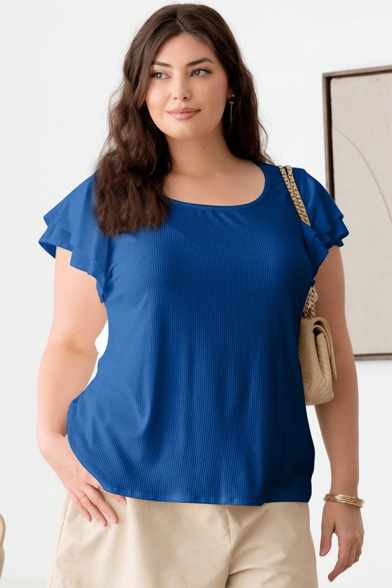 Gilli Plus Size Short Fluttery Sleeve Round Neck Top | Tops | 3