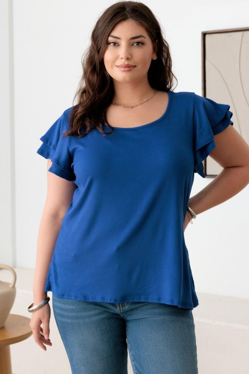 Gilli Plus Size Short Fluttery Sleeve Round Neck Top | Tops | 1