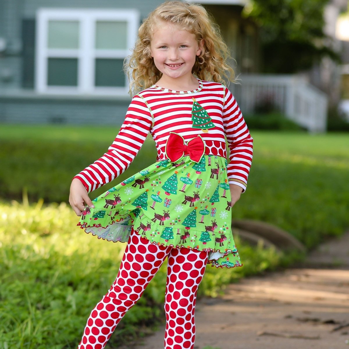 Girls Christmas Holiday Dress & Polka Dot Leggings | Girls' Dress Sets | 1