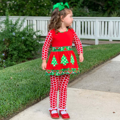 Girls Christmas Tree Damask Dress & Leggings Set | Girls' Dress Sets | 1