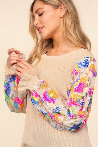 Haptics Floral Sequins Mesh Flounce Sleeve Sweater | Tops | 5