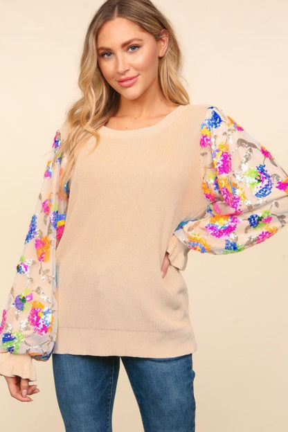 Haptics Floral Sequins Mesh Flounce Sleeve Sweater | Tops | 1