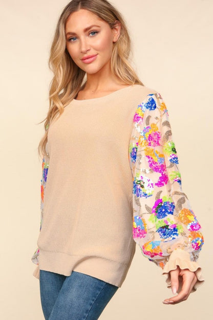 Haptics Floral Sequins Mesh Flounce Sleeve Sweater | Tops | 3