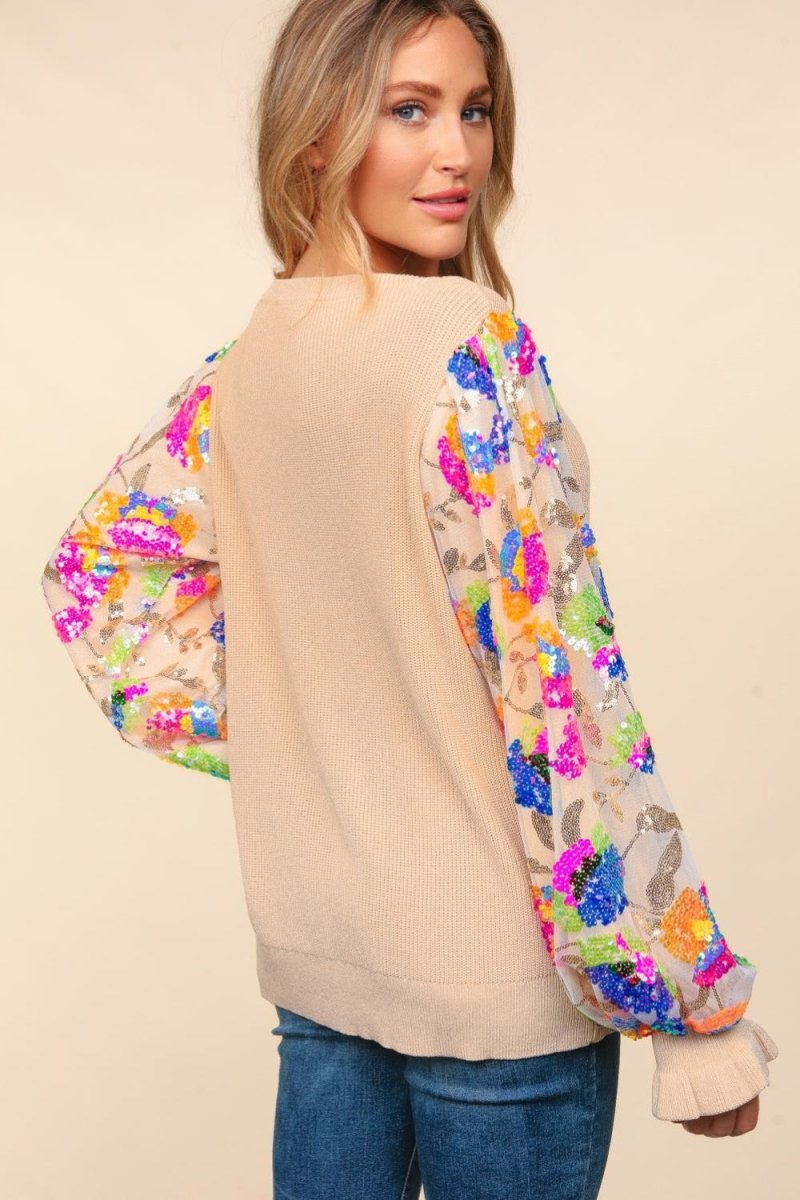 Haptics Floral Sequins Mesh Flounce Sleeve Sweater | Tops | 2