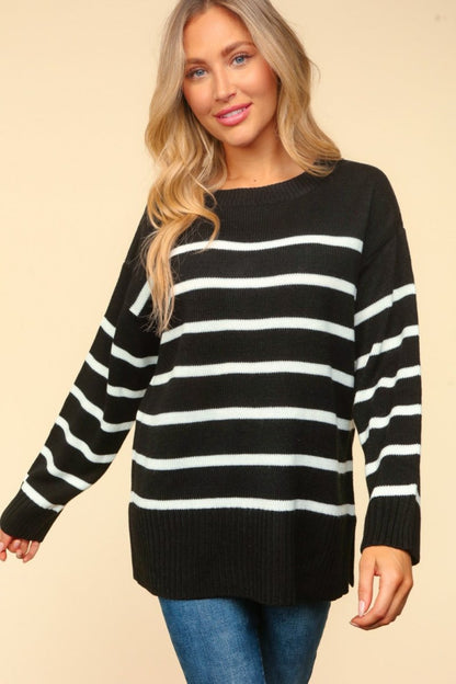 Haptics Full Size Striped Contrast Side Slit Sweater | Sweaters | 3