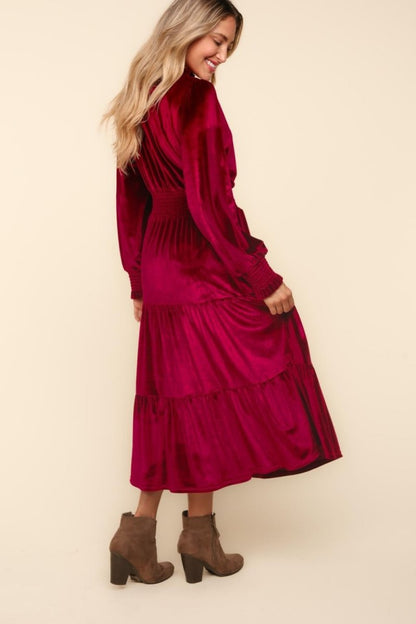 Haptics Mock Neck Smocked Waist Velvet Tiered Dress | | 2